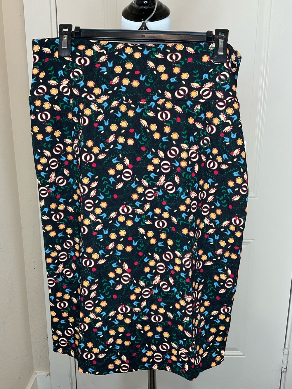 LuLaRoe Cassie Black Pencil Skirt with Colorful Floral Motif L